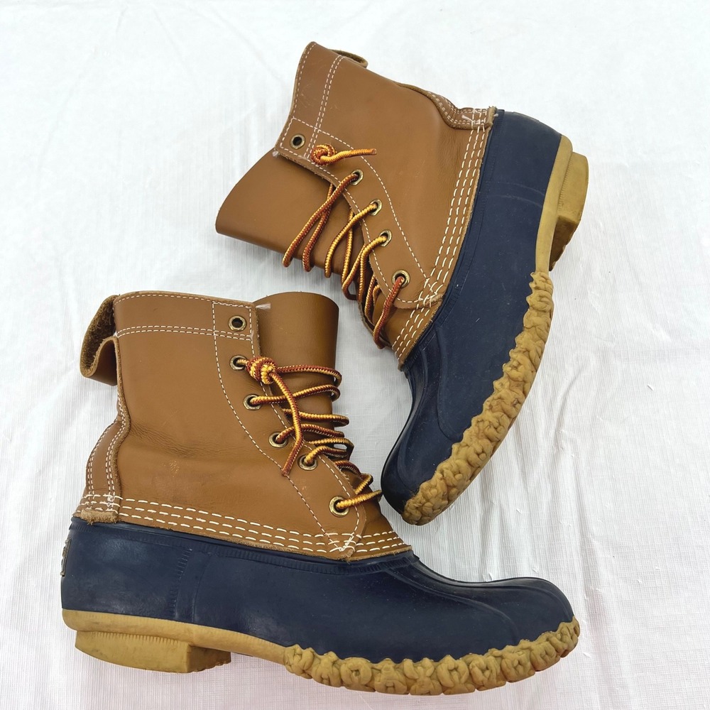LL Bean Boots Duck Boots Tan Navy Blue Leather Rubber Made in Maine Mens 8